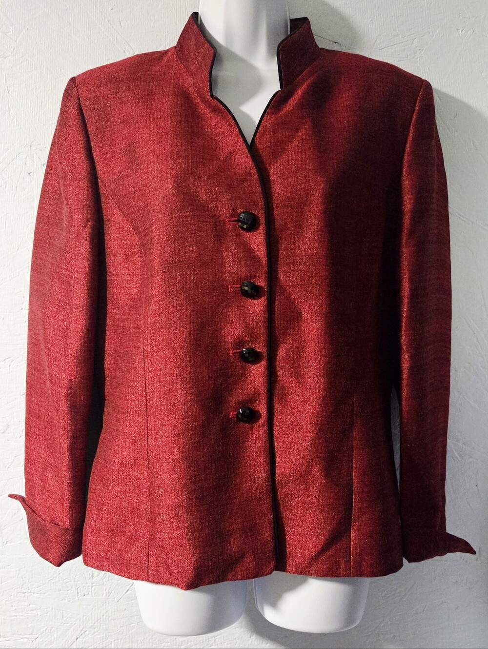 Vintage 90s Jones Studio Red Shimmery Mandarin Collar Blazer - Size 12